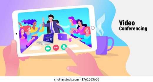 Business man talk to many people in video conferencing, Group of people smart working from home, Social network and teamwork concept, Flat design style modern vector illustration for web.