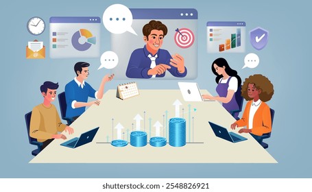 Business man talk to many people in video conferencing, Group of people smart working from home, Social network and teamwork concept, Flat design style modern vector illustration for web.