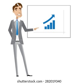 Business man talking about improvement shown on chart