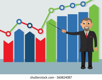 Business man talking about improvement shown on chart