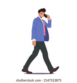 Business Man Talking by Smartphone Walking Isolated on White Background. Young Confident Businessman Character in Formal Wear Go at Work, Speaking by Mobile Phone. Cartoon People Vector Illustration