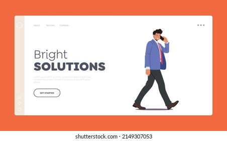 Business Man Talking by Smartphone Walking Landing Page Template. Young Confident Businessman Character in Formal Wear Go at Work, Speaking by Mobile Phone. Cartoon People Vector Illustration