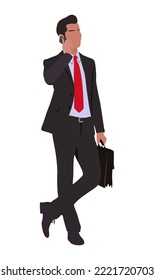 Business man talking by smartphone vector realistic illustration. Handsome Young businessman holding briefcase in formal suit with mobile phone. Cartoon male character isolated on white background.