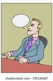 Business man talking and sitting in his office chair. Vector illustration