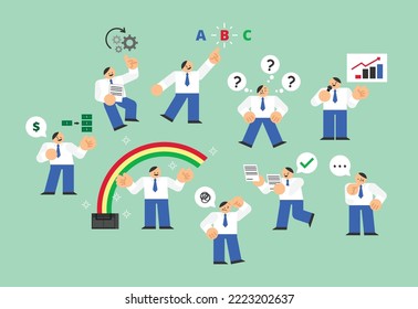 Business Man Talking, Thinking, and Explaining Body Gesture Set Flat Design Character Illustration