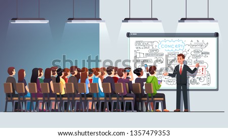 Business man teacher coach delivering lecture speech about product development at conference to a sitting audience group crowd in a classroom using whiteboard. Flat vector character illustration
