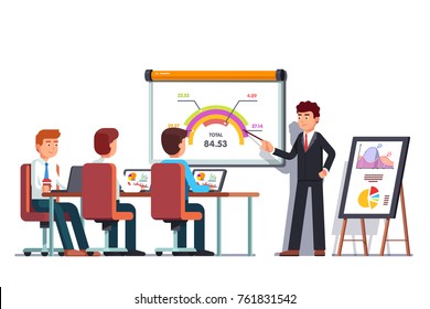 Business man teacher giving employee people lecture or presentation at board room. Boss showing diagram pointing at whiteboard. Conference hall, flipchart, projector screen. Flat vector illustration.