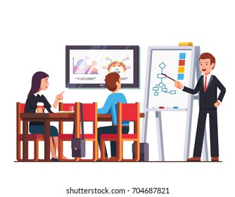 Business man teacher giving lecture or presentation to employees sitting at board room desk. Boss showing diagram pointing at whiteboard. Conference hall with tv screen. Flat style vector illustration