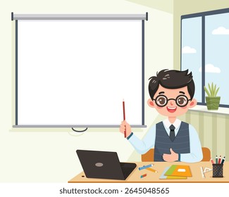 Business man or teacher with pointer sits in front of interactive whiteboard in the office  room. Background for Education concept. Poster, banner, template. Vector illustration in flat cartoon style