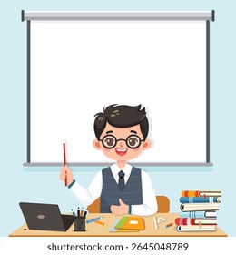 El profesor del hombre de negocios con el puntero se sienta delante de la pizarra interactiva en el fondo azul. Antecedentes del concepto de Educación. Cartel, Anuncio, Plantilla. Ilustración vectorial en estilo plano de dibujos animados