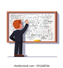 Business Man Teacher Standing In Front Of The White Board And Drawing Business Plan Strategy And Tactics Theory Or Showing Project Diagram. Flat Style Vector Illustration Isolated On White Background.