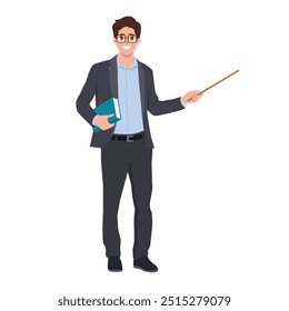 Homem de negócios ensinando apresentação com ponteiro e segurando um livro. Ilustração de caractere de vetor plano