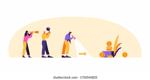 Business man with team are looking for business success and path to goal concept vector flat illustration. Business man with magnifier is searching for income.