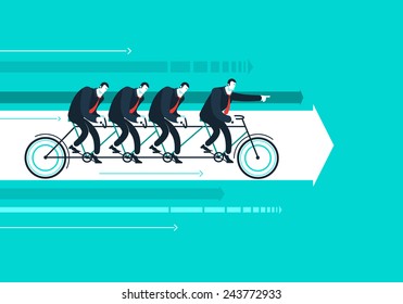 Business man with team on the bicycle who shows the way.  Vector illustration Eps 10 