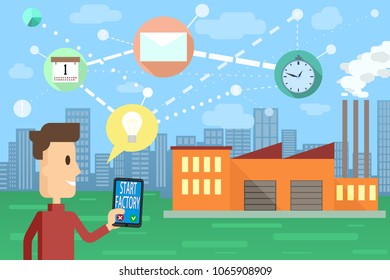 Business Man That Starts Inovation With His Phone On The Industrial Factory. Outside Of The Idea Comes Different Ways For Improvements, Shown By Infographics Made In Flat And Cartoon Design.