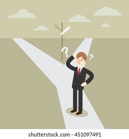 business man think to choose the path way to go. people making a decision. business strategy. cartoon vector illustration.