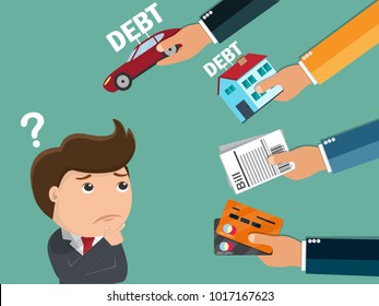 Business man thinking about debt , Business concept - Vector illustration.