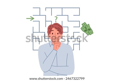 Business man is thinking about way to get rich and get money or increase profits from company, standing near maze. Difficult task for investor, wants to extract money from unpromising project