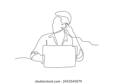 Business man is thinking in front of laptop while holding head. Business person with laptop concept one-line drawing