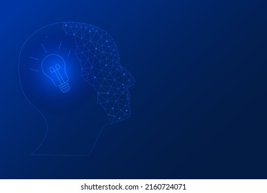 business man thinking idea of half head polygon with light bulb intellgence concepts on blue  background