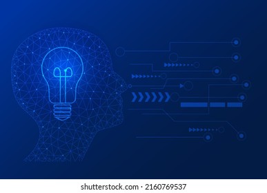 business man thinking idea of half head polygon with light bulb intellgence concepts on blue  background