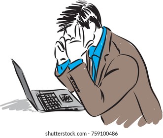BUSINESS MAN THINKING WITH A LAPTOP VECTOR ILLUSTRATION