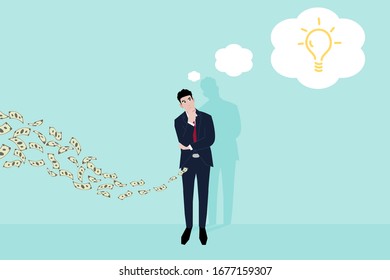 Business man thinking light bulb and money dollar notes flying to him pocket. vector illustration.