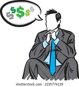 business man thinking in money sitting down in formal clothes suit tie business concept vector illustration