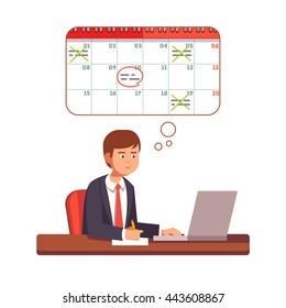 Business man thinking and planning process. Young entrepreneur planning his month on a laptop computer. Flat style vector character illustration.