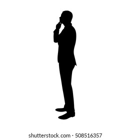 Business Man Thinking. Profile, Side View Vector Silhouette. Standing Man In Suit. Manager, Broker, Lawyer, Boss, Chief, Salesman, Teacher