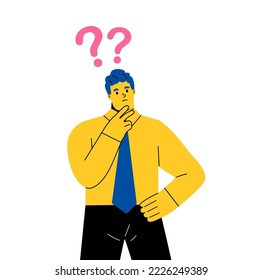 Hombre de negocios pensando con signo de interrogación. Ilustración vectorial plana aislada en fondo blanco
