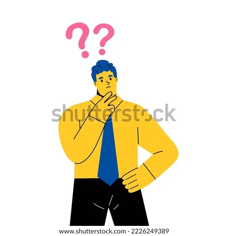 Business man thinking with question mark. Flat vector illustration isolated on white background
