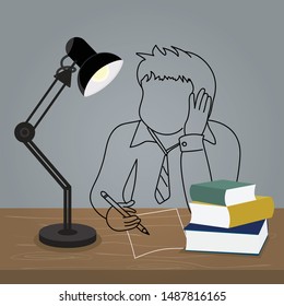 Business man thinking and worrying about his work on the table with books and lamp.