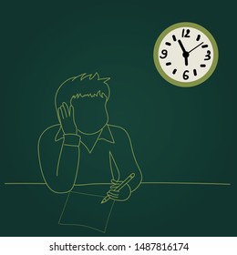 Business man thinking and worrying about his work on the table with clock.