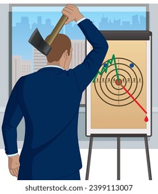 business man throwing an axe at target with line graph showing loss, plus office window and buildings in the background