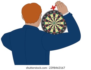 business man throwing dart at dart board isolated on a white background