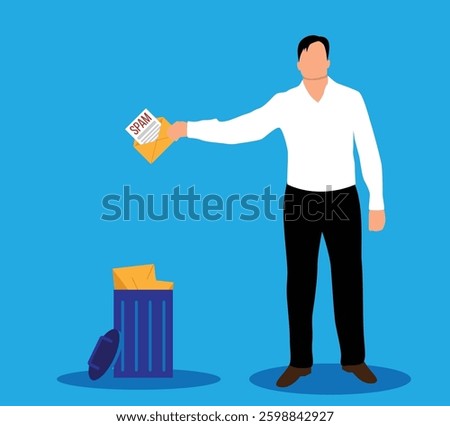 Business Man Throwing Spam Message into Trash Bin. Phishing email, privacy and personal online security vector art
