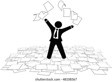 A business man throws office paper work pages into air and on floor.