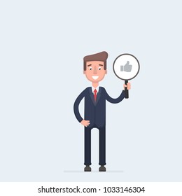 Business man with thumbs up icon isolated on white background. Testimonials, feedback, customer review concept. Vector illustration in cartoon style.