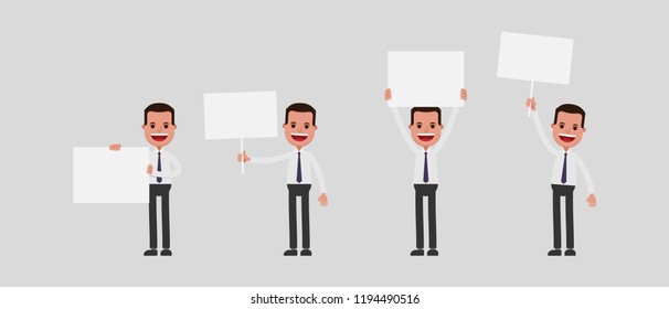 Business man in tie holding white blank banner, cartoon vector illustration set