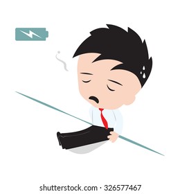 business man tired and lean against the wall with battery indicator to show energy level and need to recharged