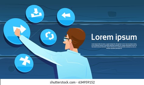 Business Man Touch Digital Touch Screen Press Button Back Rear View Flat Vector Illustration