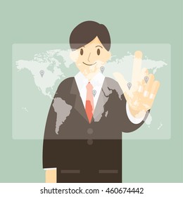 business man touch a virtual world map screen. business and conceptual design concept.