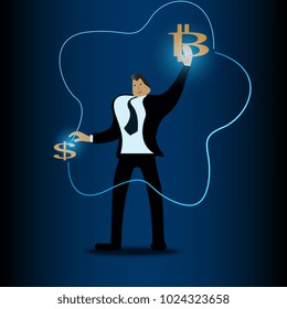The business man touching dollar and bitcoin sign in vector concept cryptocurrency.