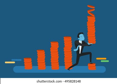 Business man with tower of coins building chart coins