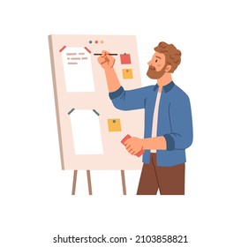 Business man or trainer, coach writing on presentation board, flat cartoon vector illustration. Vector guy writes or draws on blackboard, seminar or training lecturer. Bearded male with pen in hands