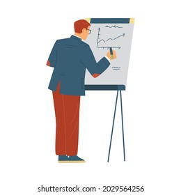 Business Man Or Trainer, Coacher Writing On Presentation Board, Flat Vector Illustration Isolated On White Background. Business Seminar Or Training Lecturer.