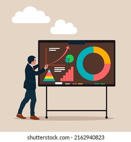 Business man or trainer, coacher writing on presentation board, flat vector illustration isolated. Business seminar or training lecturer.