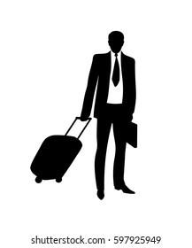 Business man with travel bag.Vector illustration.Black silhouette.