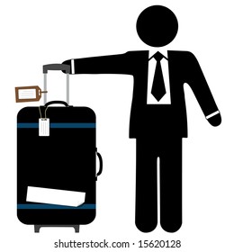 A business man traveler with a black suitcase, pull handle up, and copyspace on luggage tags and sticker tape.